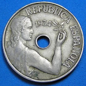 Spain 25 Centimos Copper-Nickel Coin 1934 KM-751, Free S/H after 1st item - Picture 1 of 2