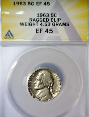 1963 ERROR ANACS EF45 Ragged Clip Jefferson Nickel UNDER WEIGHT Clipped Coin NR - Image 1 of 4