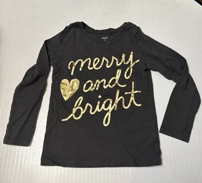 Camisa Carter's Girl Talla 6 Manga Larga Gris Navidad Dorada "Feliz y Brillante" Foto 1 de 2
