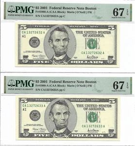 2001 $5 BOSTON FRNs. 2 Consecutive PMG SUPERB GEM Uncirculated 67 EPQ Banknotes. - Picture 1 of 2