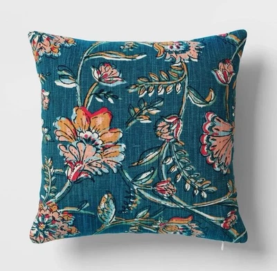 Square Floral Reversible Throw Pillow Teal - Threshold NEW - Image 1 of 4