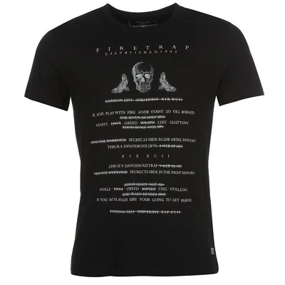 FIRETRAP MEN'S 7 DEADLY SINS BLACK T-SHIRT WITH TEXT, SKULL, MOTHS - SIZE SM/MED - Image 1 of 4