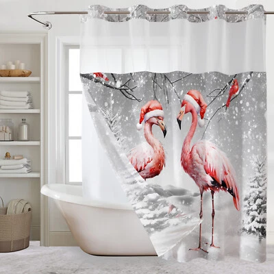 No Hook Shower Curtain and Liner Set Winter Xmas Pink Flamingo Shower Curtain - Image 1 of 4