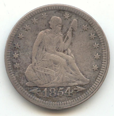 1854 Arrows Seated Liberty Quarter, VF Details Cover