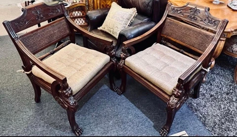 (2) Vintage Maitland Smith Cane Carved Chairs Cover