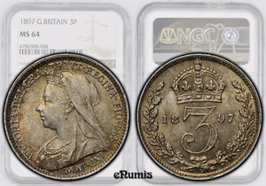 Great Britain, Victoria, 3 Pence 1897, toned, NGC MS 64 - Picture 1 of 8