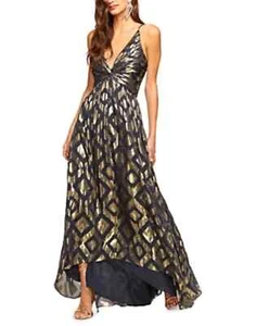 Ramy Brook Toby Silk Blend V-Neck Gown Women's 8 Navy Combo Printed Back Zip - Picture 1 of 16