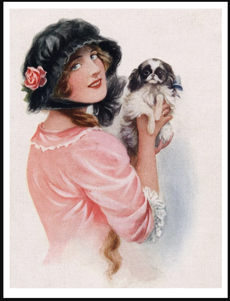 JAPANESE CHIN ELEGANT LADY IN PINK DRESS VINTAGE STYLE DOG ART PRINT POSTER - Image 1 of 1