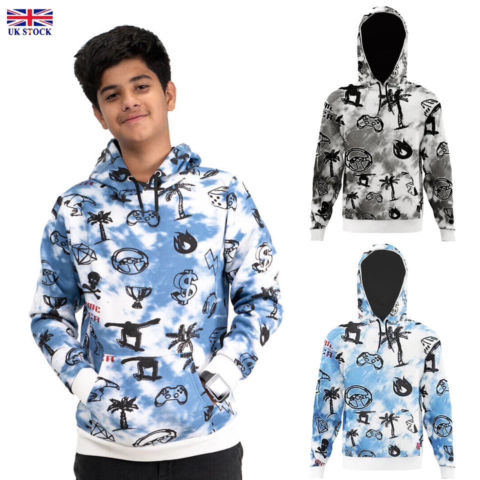 NOROZE Boys' Tie-Dye Gaming Beach Dinosaur Skating Printed Pullover Hoodie Sweatshirts