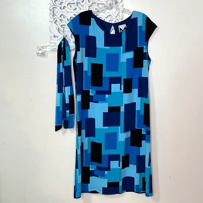 Marc Bouwer LARGE sleeveless shift dress matching belt BLUE BLACK color block - Image 1 of 4