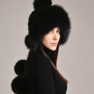 Women's Real Mink Fur Hat Knitted Cap Warm Beanies Outdoor 2 pompom Balls Cap 