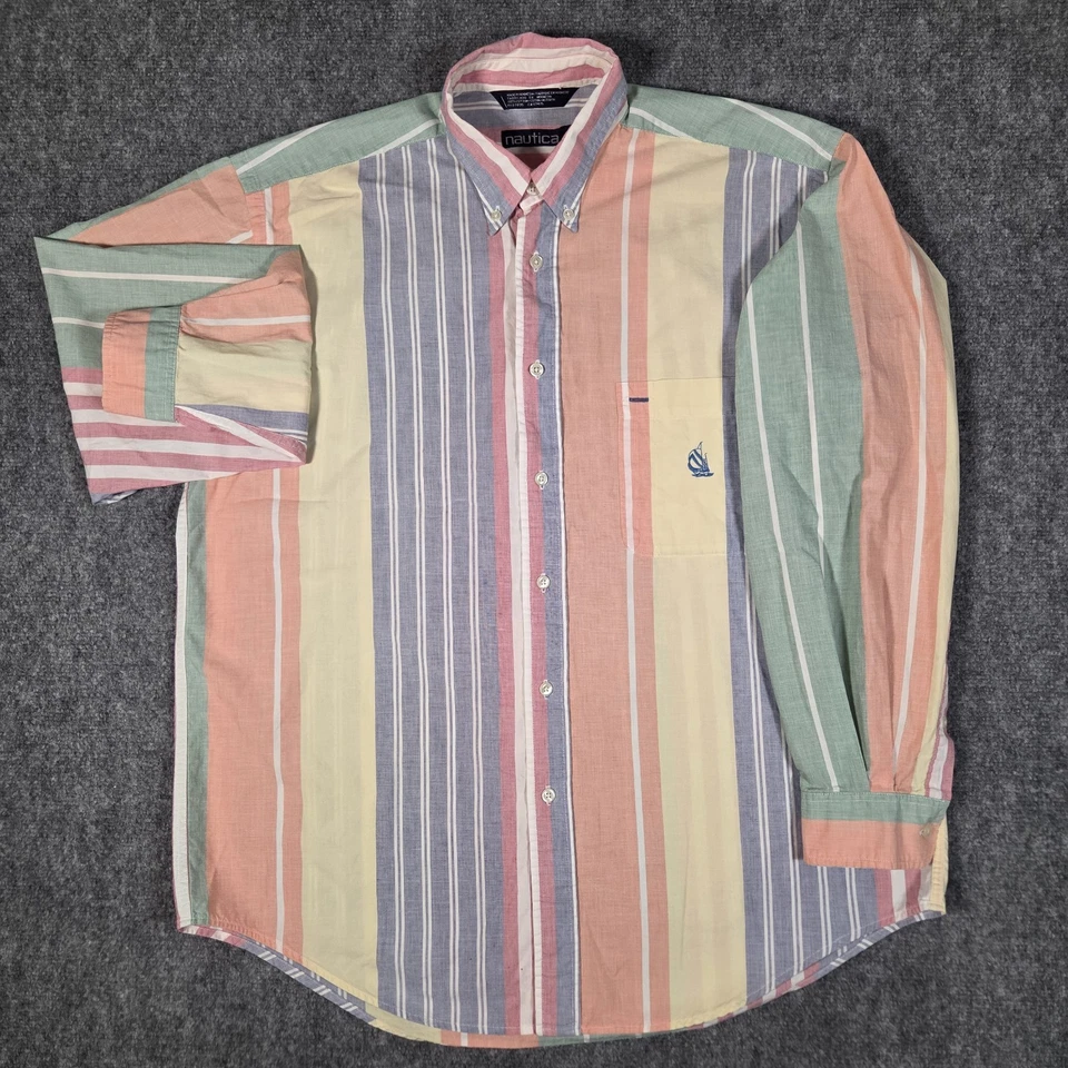 Camisa Nautica De Colección Para Hombre L Multicolor Rayas Pastel Años 90 Preppy Colorblock Foto 1 de 4