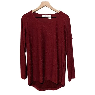 New Direction Top Womens M Dark Red Long Sleeve Textured Dot Blouse Preppy - Image 1 of 4