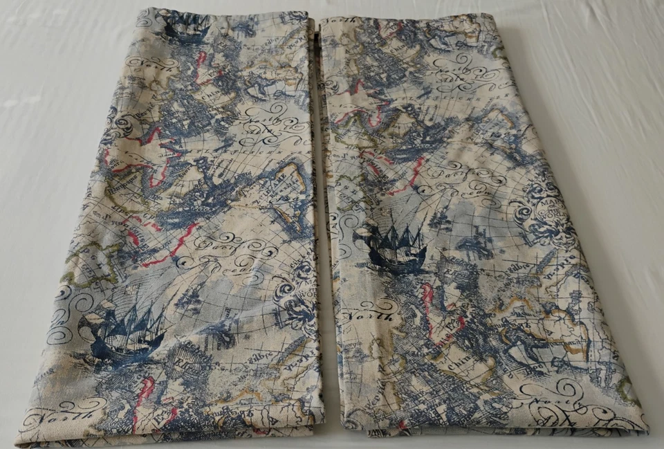 Handmade Linen Curtain Panels 50 x 65" (2) World Map Beige Blue Study EUC - Image 1 of 4