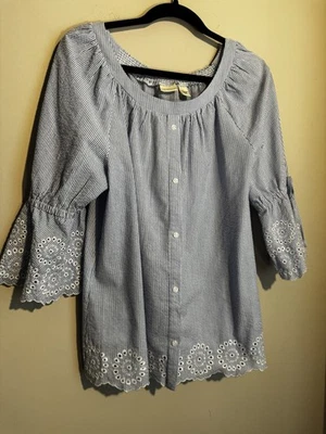 Westbound Woman Blue White Striped Lace Scallop Trim Peasant Blouse L - Image 1 of 4