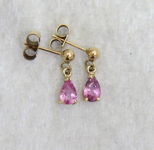 9ct Gold Natural Pink Sapphire Drop Earrings - Picture 1 of 5