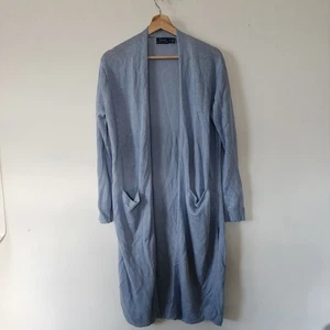 Cárdigan largo abierto Ralph Lauren para mujer con bolsillos azul pequeño 100 % lino - Imagen 1 de 6