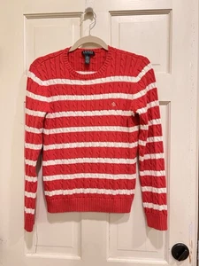 Lauren Ralph Lauren Sweater Coral Pink Striped Knit Crewneck Size Large Womens - Bild 1 von 7