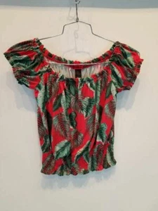 Hot Kiss Girls Off Shoulder Blouse Red Green Tropical Palm Print Elastic Hem M - Picture 1 of 8