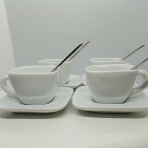 Crate & Barrel White Squared Espresso DemiCups w/Saucers and Spoons, 4 sets EUC - Picture 1 of 11