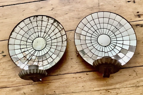 Pair of Primitive Early Colonial Mosaic Mirror And Tin Round Wall 🕯️ Sconces Cover