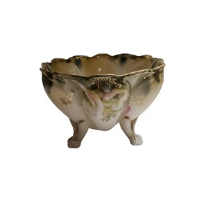 Antik Vintage Steinmann Deutschland Braut Rose 3 Fuß Schüssel Gold Zierleiste - Bild 1 von 7