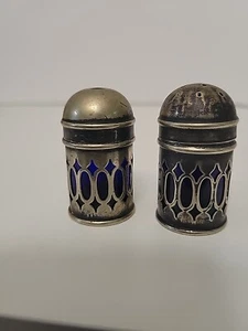 Oval Silver EPNS lattice Filigree Blue Cobalt Glass Salt Pepper Shakers ENGLAND - Picture 1 of 20