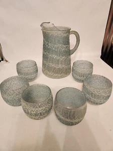 Jarra de vidrio de espagueti vintage MCM + 6 vasos de polieti azul - Imagen 1 de 6