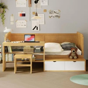 Wooden Twin Size Multi-functional Daybed with Storage, Desk and Stool, Natural - Picture 1 of 20