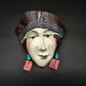 Art Pottery Face Mask Wall Pocket Planter Head Vase Handmade - Picture 1 of 12