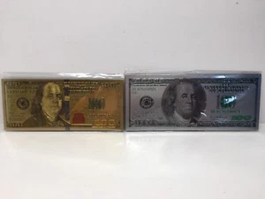 Lot of 2 Gold & Silver $100 Dollar Bill Fridge Magnet One Hundred Dollar  - Picture 1 of 4