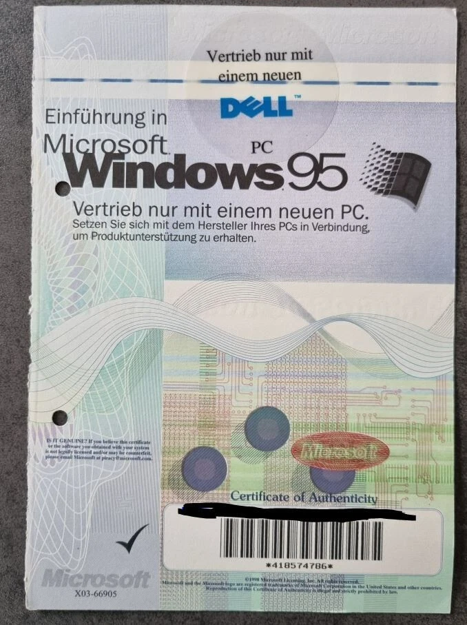Windows 95 Certificate of Authenticity incl. Product Key - Bild 1 von 1