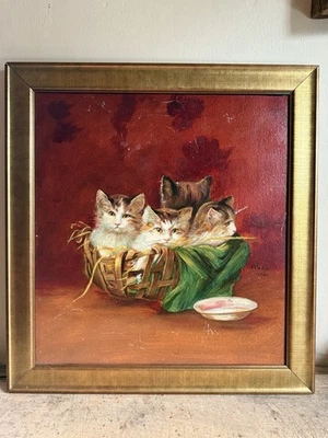 Folk Art Antique Kittens In Basket Painting Oil On Board Signed Dated 1908 - Image 1 of 4