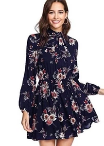 Floerns Black Floral Print Long Sleeve Tie Mock Neck Mini Dress Size XXL NWT - Picture 1 of 4