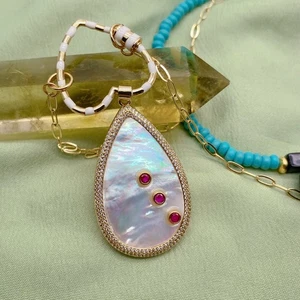 3 Strands Blue Turquoise Chain Necklace Big White Sea Shell Teardrop Pendant - Picture 1 of 6