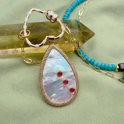 3 Strands Blue Turquoise Chain Necklace Big White Sea Shell Teardrop Pendant - Image 1 of 4