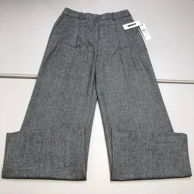 DKNY THE MERCER 百褶阔腿裤羊毛混纺 6 码女式人字形 — 第 1/4 张图片