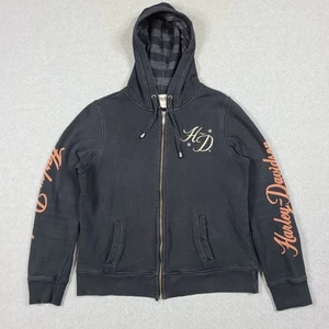 Women's Harley Davidson Black Hooded Sweatshirt Size L Biker Sleeve Print HD - Picture 1 of 13