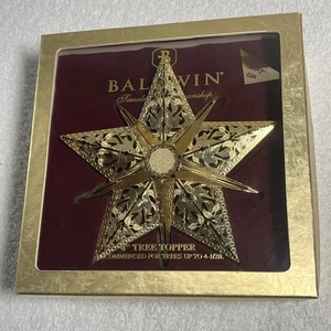 Vintage Baldwin Baumspitze 4" verziert Messing Tauben Blumen Stern 24 Kt Gold mit Box - Bild 1 von 12