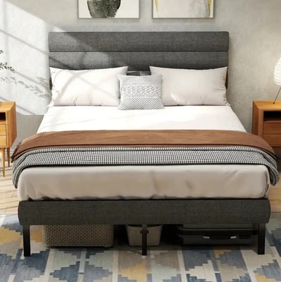 Upholstered Double Bed, 140x200cm with Metal Slatted Frame, Grey - Bild 1 von 4