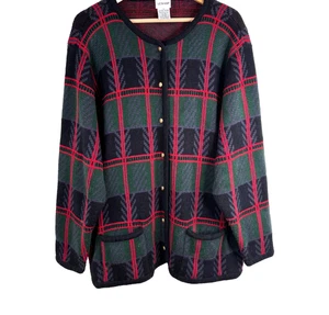 Vintage Liz Baker Christmas Cardigan 3X Plaid Gold Buttons Pocket Tartan Granny - Picture 1 of 8