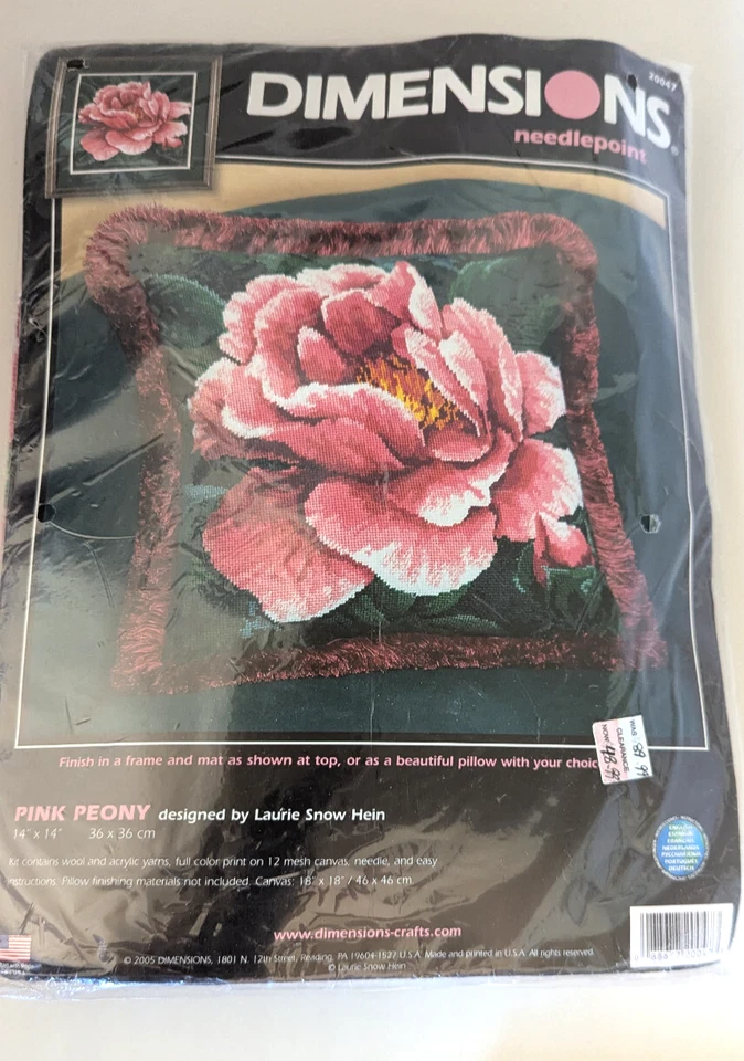 Dimensions Needlepoint Pink Peony 12 Mesh Floral Pillow Finished 14" x 14" SM - Image 1 of 2