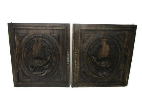 Pair Antique Hand Carved Oak Pheasants  Door Panels Reclaimed Architectural Cover