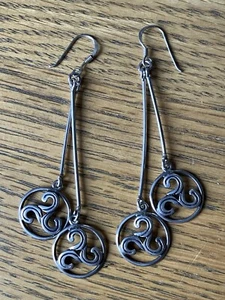 Sterling Silver Long Hanging Double Round Celtic Triskele Triple Spiral - Picture 1 of 14