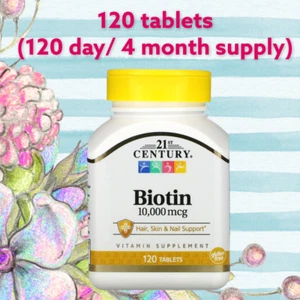 21st CENTURY BIOTIN 10,000 MCG 1 BOTTLE 120 TABLETS HAIR SKIN & NAILS - Picture 1 of 12