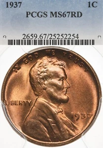 1937 1C PCGS MS67 RD Lincoln Wheat Cent Red - Picture 1 of 3