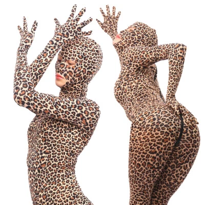 Women Leopard Zipper Zentai Bodysuit w/ Gloves & Anti-Hook Hood Party Costume - Photo 1/4