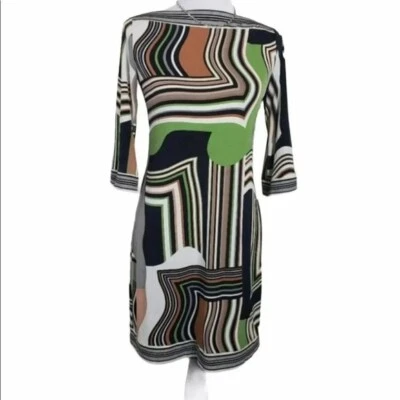 Vestido Ali Ro Talla 2 Marrón/Verde/Blanco Abstracto Estampado Retro Jersey Tejido Manga 3/4 Foto 1 de 4