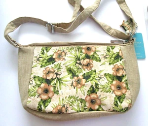 Caribbean Joe Adjust Handtasche/Geldbörse Canvas mit Inselblumen in Grün/Hellbraun Neu mit Etikett - Bild 1 von 11