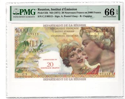 1971 Reunion 20 Nouveaux Francs on 1000 Francs P#55b PMG 66 EPQ Gem Uncirculated - Image 1 of 2